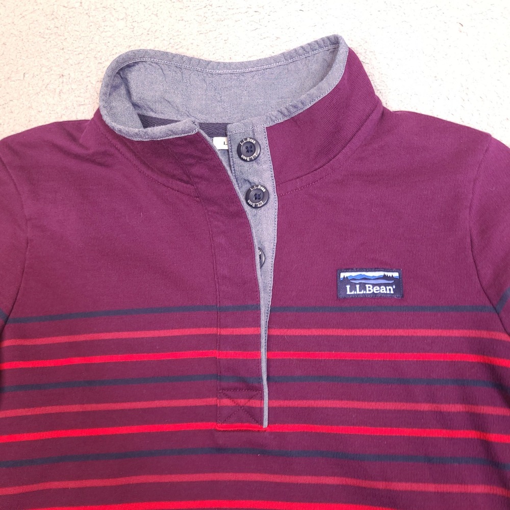LL Bean Womens Pullover Shirt Small Purple‎ Striped Cotton Mock Neck Button